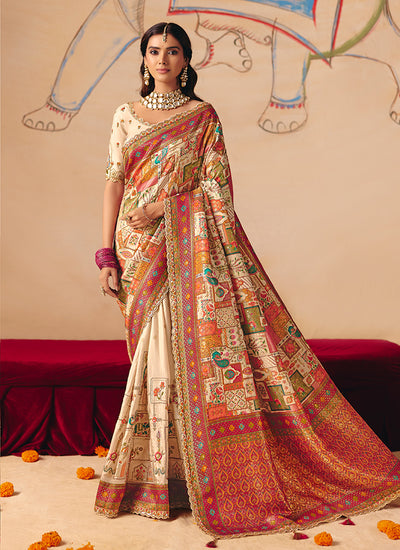 Ivory Cream Multi Embroidery Designer Saree