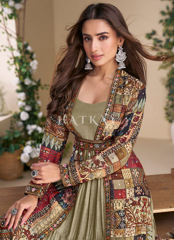 Golden Beige Embroidered Jacket Style Anarkali Gown