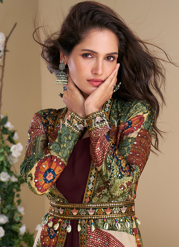 Buy Traditional Deep Wine Jacket Style Anarkali Gown In UK