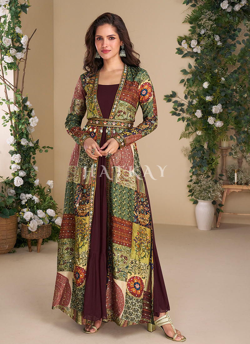 Deep Wine Embroidered Jacket Style Anarkali Gown