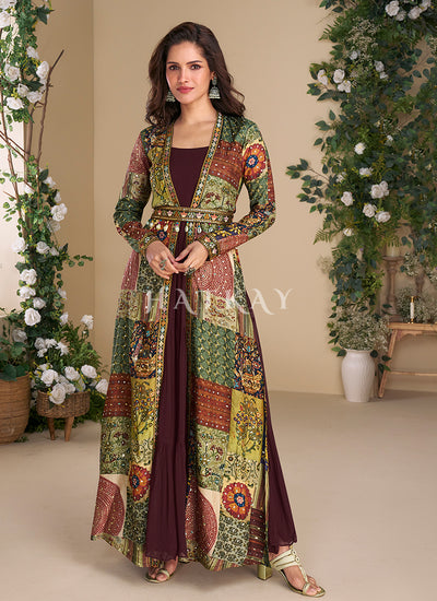 Deep Wine Jacket Style Anarkali Gown