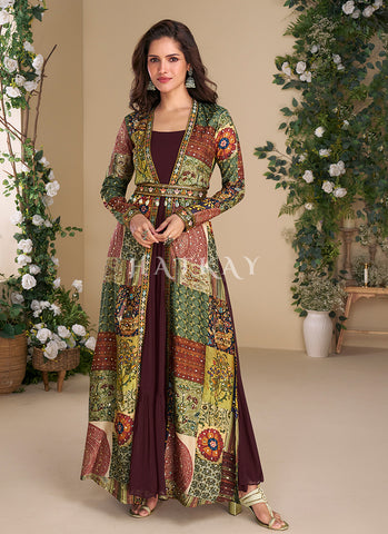 Deep Wine Embroidered Jacket Style Anarkali Gown