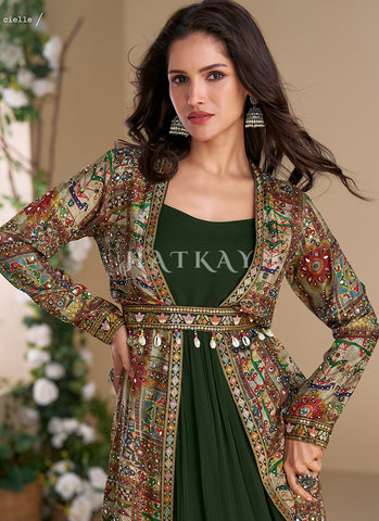 Green Embroidered Jacket Style Anarkali Gown