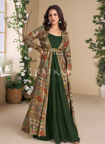 Green Embroidered Jacket Style Anarkali Gown
