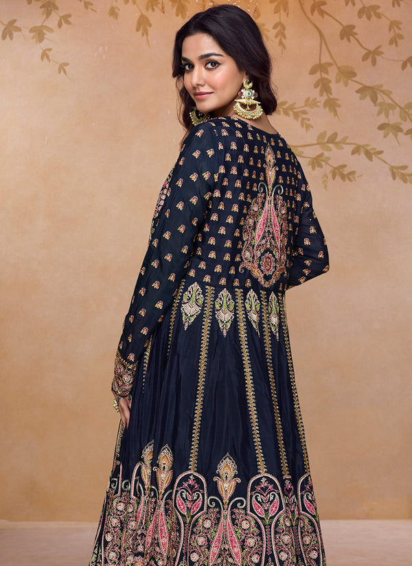 Dark Blue Embroidered Jacket Style Lehenga