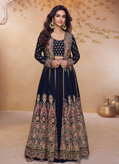 Dark Blue Jacket Style Lehenga