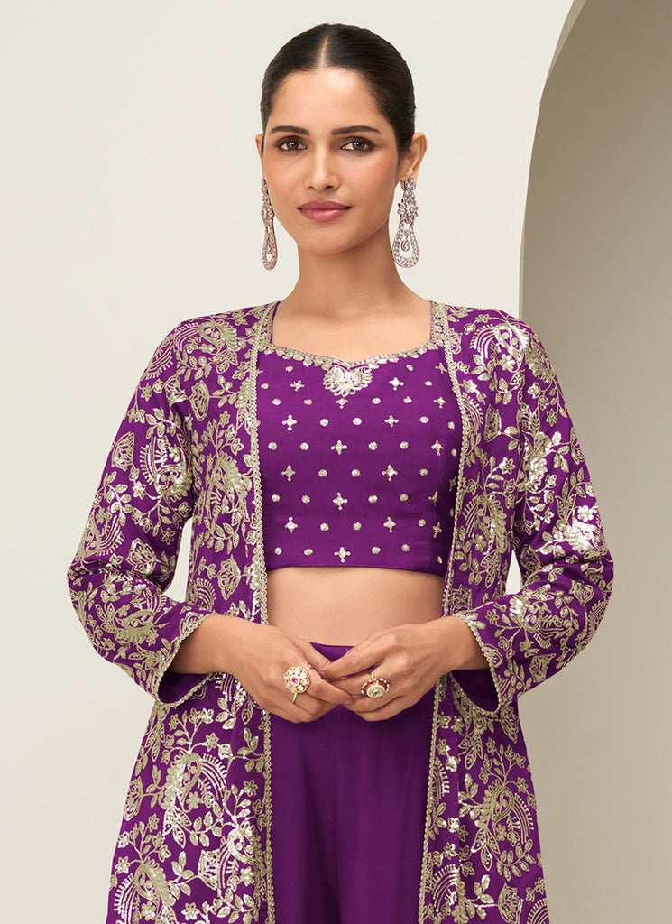 Buy Purple Palazzo Top With Jacket Suit In USA