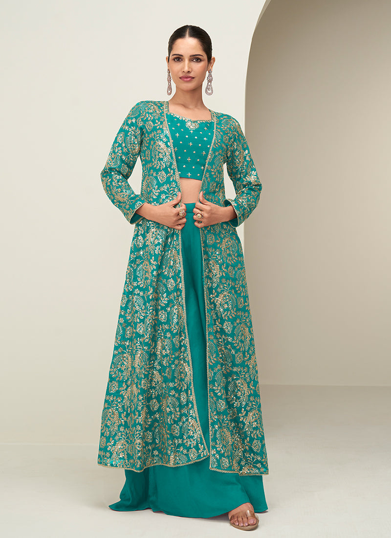 Turquoise Jacket Style Palazzo Suit