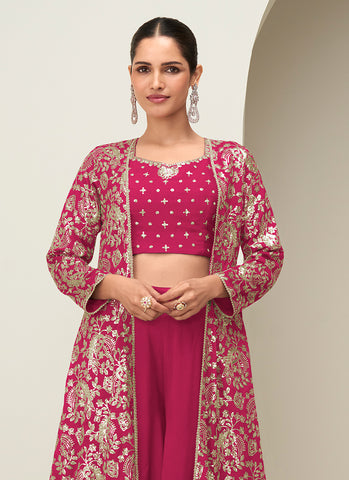 Magenta Pink Embroidered Jacket Style Palazzo Suit