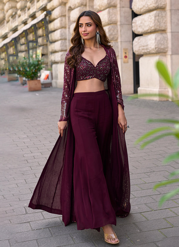 Deep Burgundy Embroidered Jacket Style Palazzo Suit