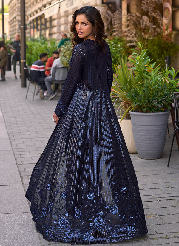 Dark Blue Embroidered Jacket Style Palazzo Suit