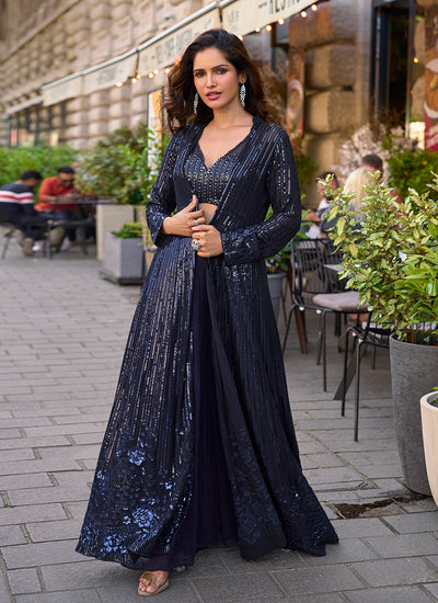 Dark Blue Jacket Style Palazzo Suit