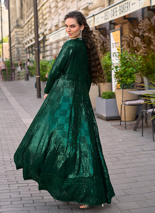 Dark Green Embroidered Jacket Style Palazzo Suit