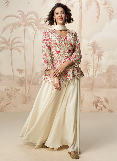 Ivory Beige Multi Embroidery Designer Kurti And Palazzo