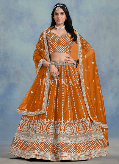 Orange Embroidery Wedding Lehenga Choli