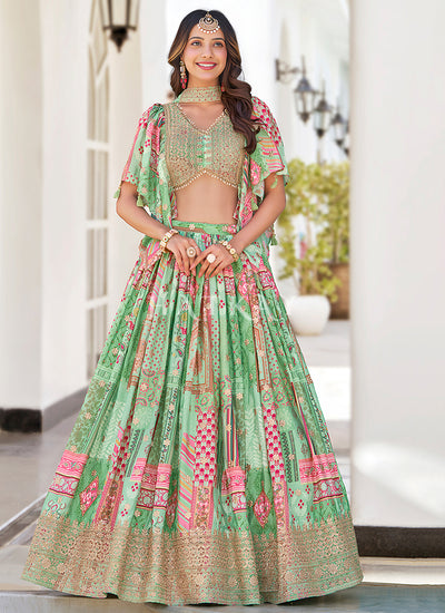Green Embroidered Lengha Choli