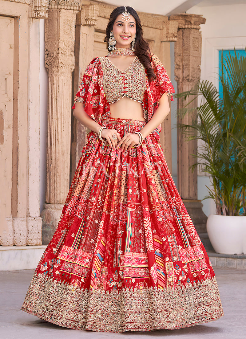 Red Embroidered Lengha Choli