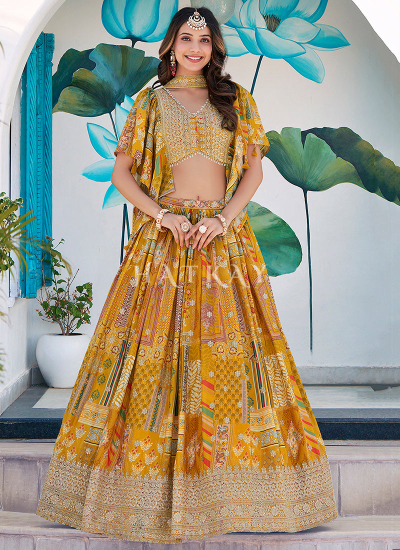 Yellow -Colored Patchwork Embroidered Lahenda Choli