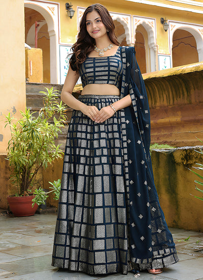 Navy Blue Thread Embroidery Wedding Lehenga Choli