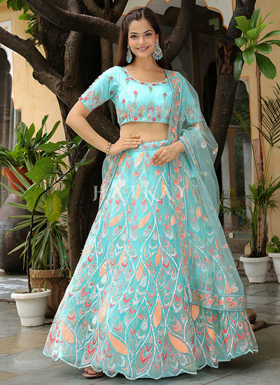 Aqua Blue Thread Embroidery Wedding Lehenga Choli