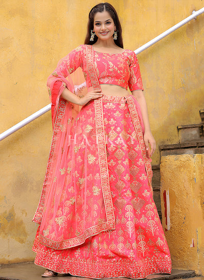 Peach Embroidery Wedding Lehenga Choli