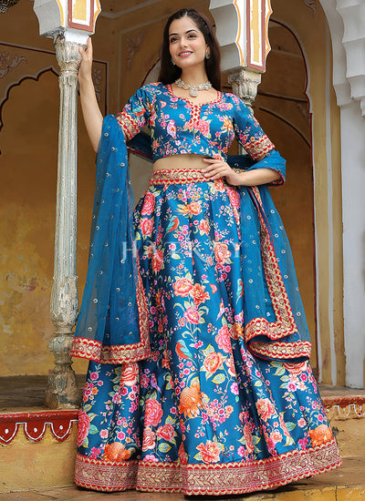 Blue Floral Printed Wedding Lehenga Choli