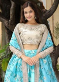 Sky Blue Floral Printed Art Silk Lehenga Choli