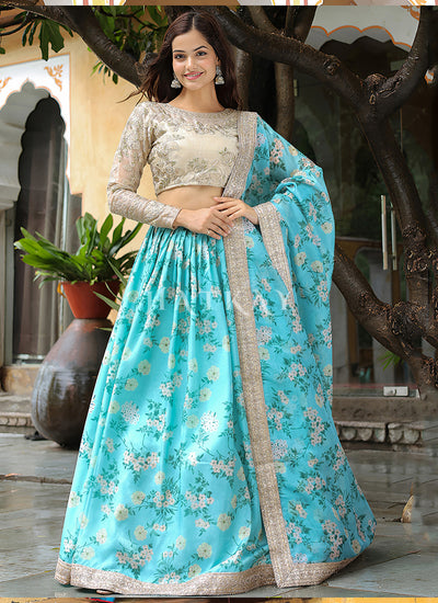 Sky Blue Floral Printed Wedding Lehenga Choli