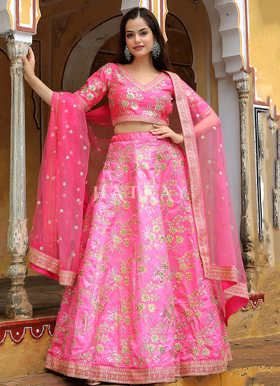 Fuchsia Pink Embroidery Wedding Lehenga Choli