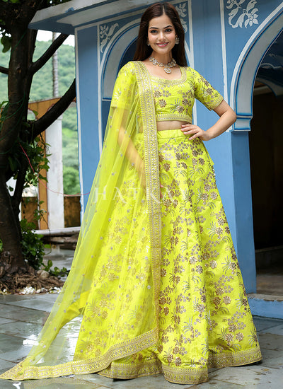 Neon Green Embroidery Wedding Lehenga Choli