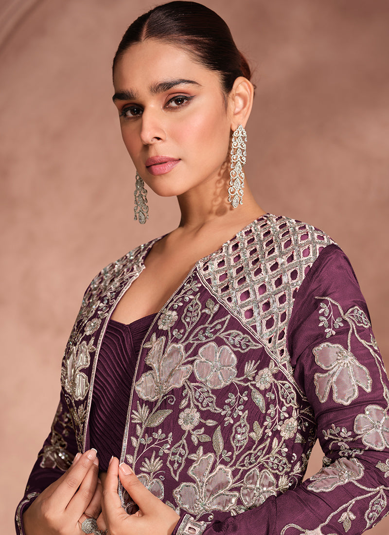 Shop Wine Jacket Style Lehenga Online