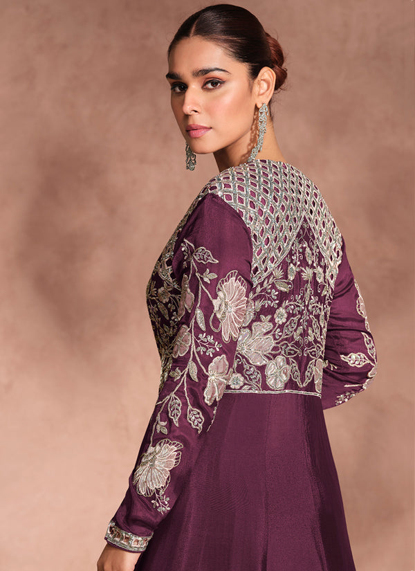 Deep Wine Thread Embroidery Jacket Style Lehenga