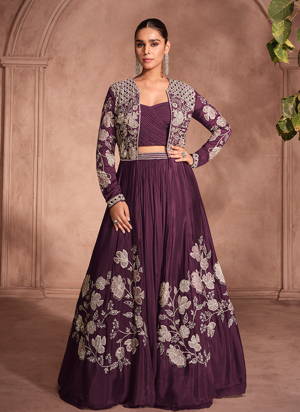 Deep Wine Thread Embroidery Jacket Style Lehenga