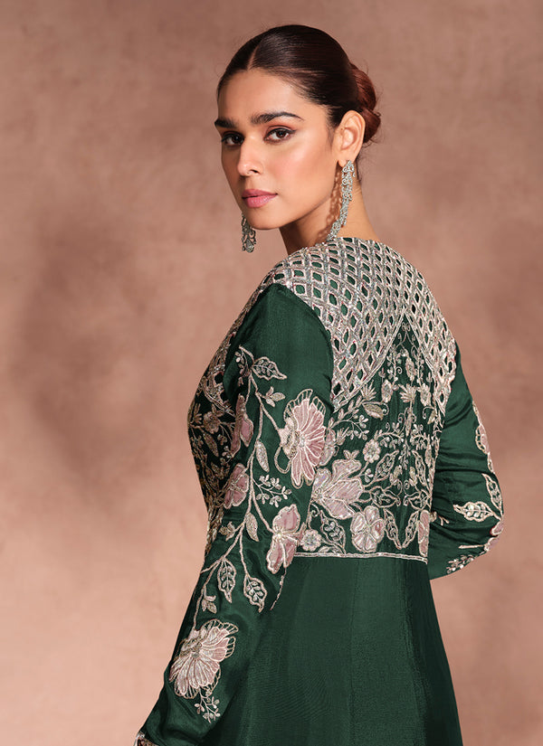 Dark Green Thread Embroidery Jacket Style Lehenga