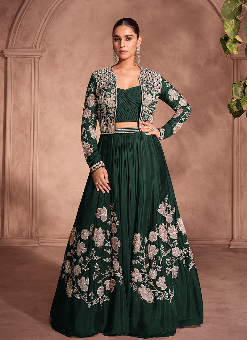 Dark Green Jacket Style Lehenga