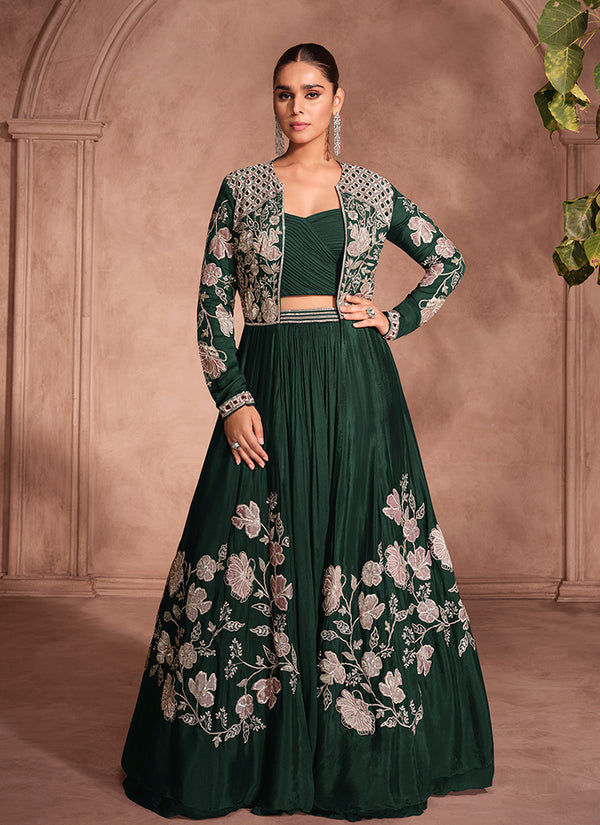 Dark Green Thread Embroidery Jacket Style Lehenga
