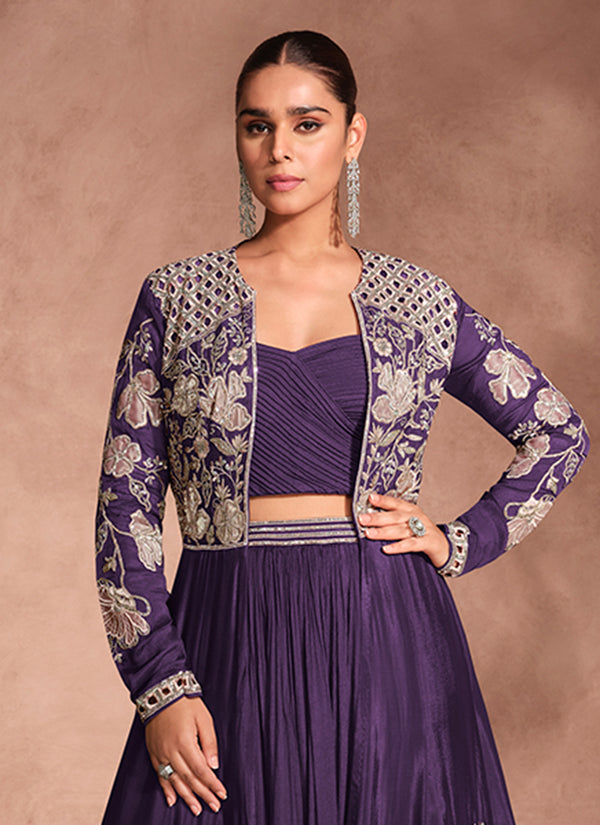 Deep Purple Thread Embroidery Jacket Style Lehenga