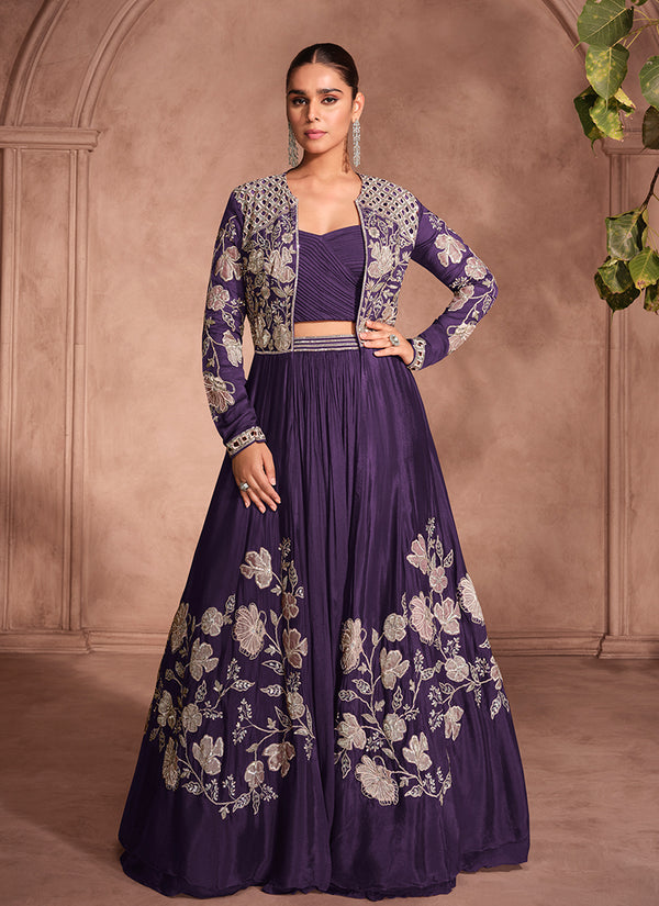 Deep Purple Thread Embroidery Jacket Style Lehenga