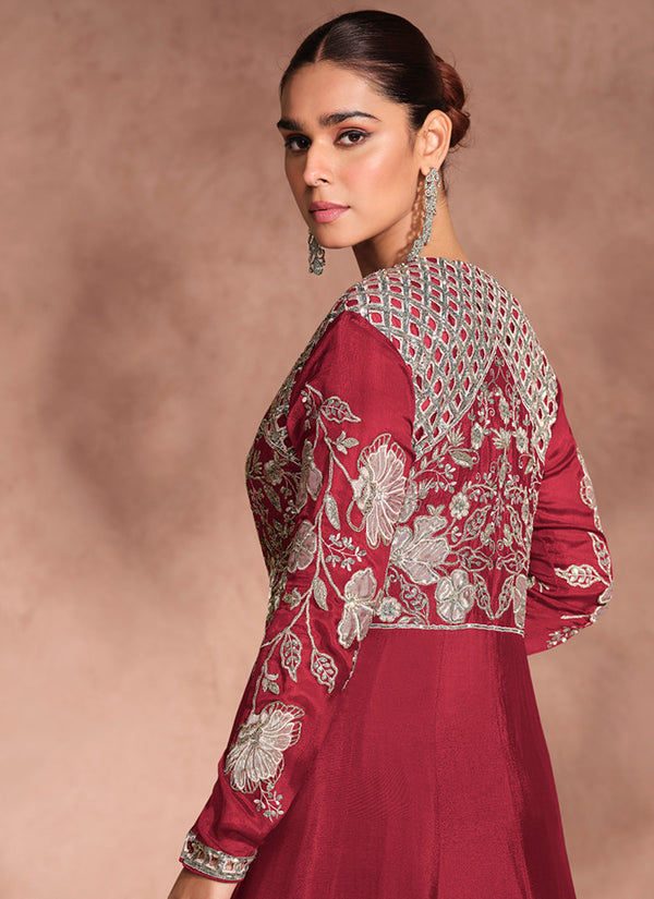 Crimson Red Thread Embroidery Jacket Style Lehenga