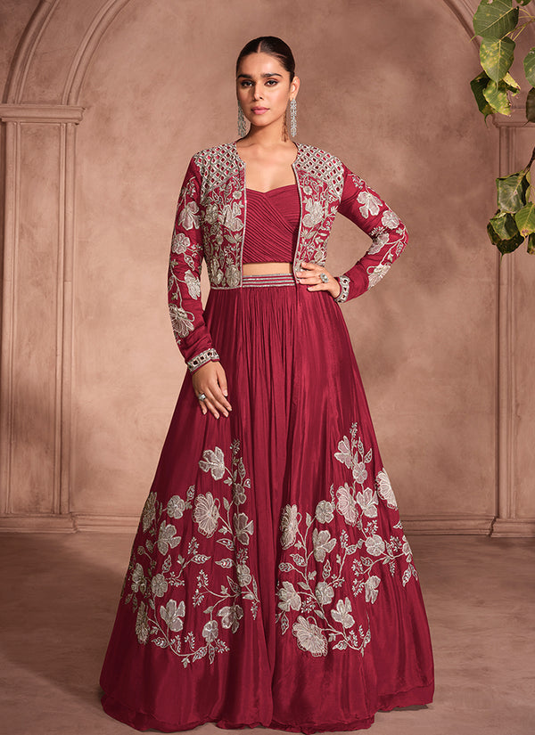 Crimson Red Thread Embroidery Jacket Style Lehenga