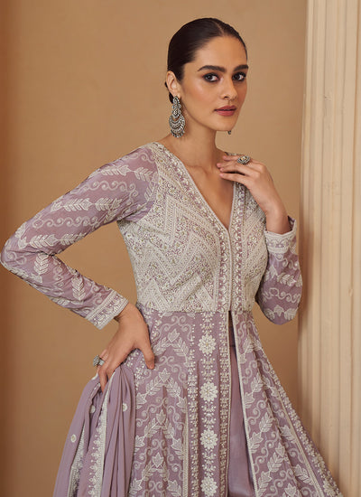 Lavender Lucknowi Embroidered Slit Style Anarkali Palazzo Suit