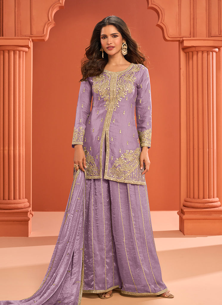 Lavender Handwork Embroidered Palazzo Suit