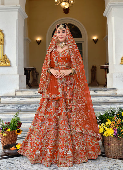 Rust Orange Zardosi Embroidered Bridal Lehenga Choli