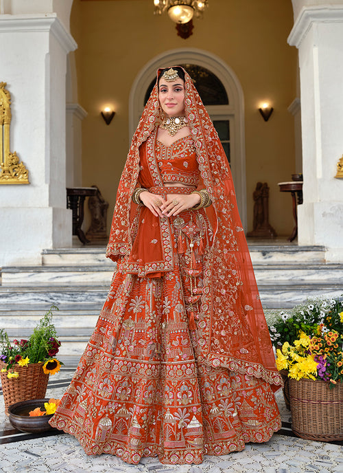 Rust Orange Zardosi Embroidered Bridal Lehenga Choli