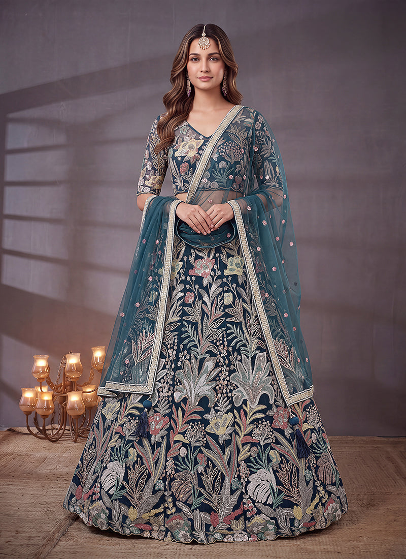 Turquoise Multicoloured Embroidered Lehenga Choli