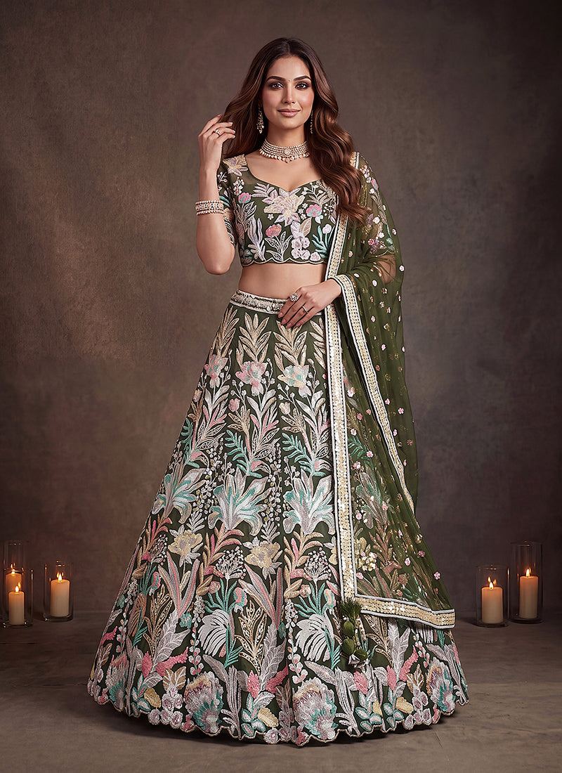 Shop Green Multicoloured Lehenga Choli For Mehendi