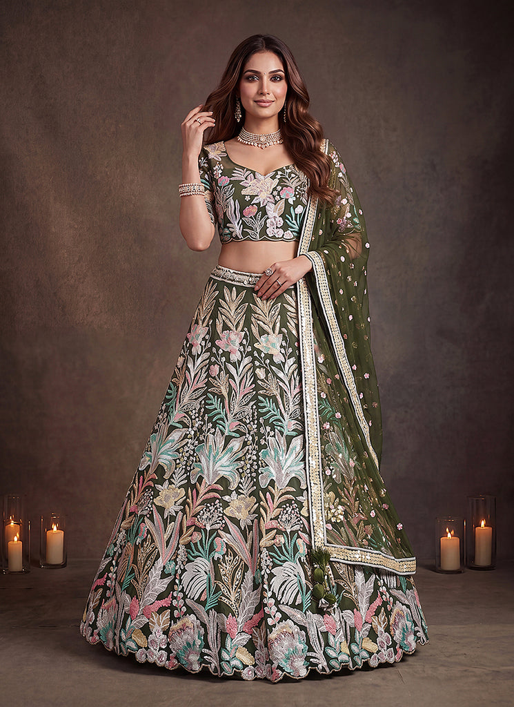 Shop Green Multicoloured Lehenga Choli For Mehendi