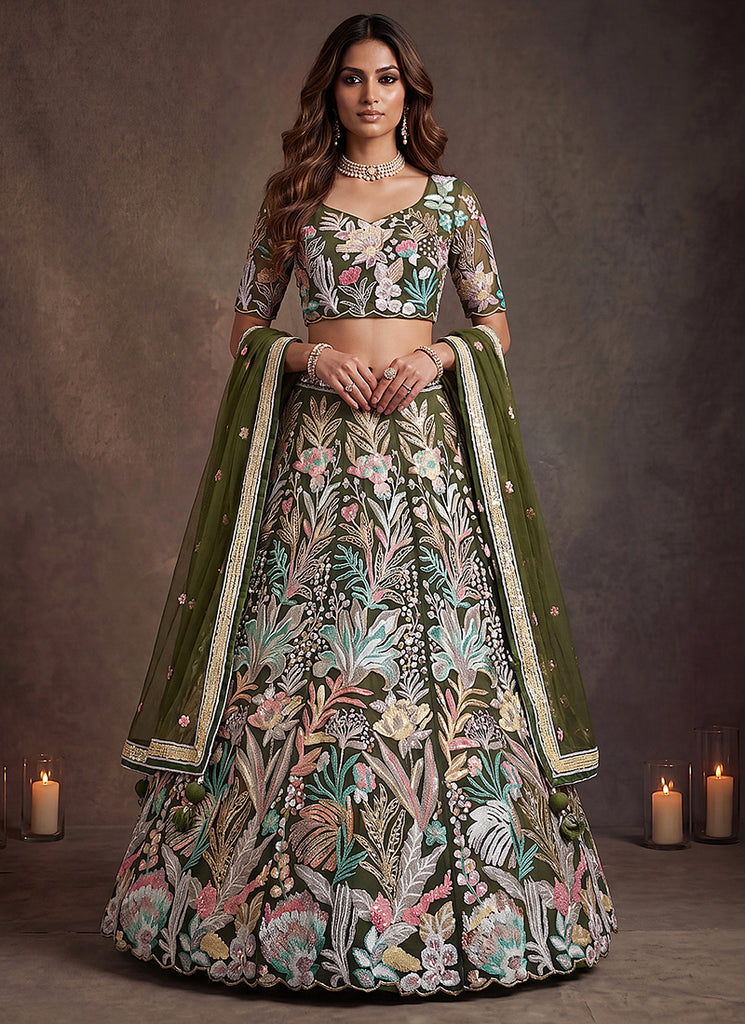 Green Multicoloured Embroidered Lehenga Choli