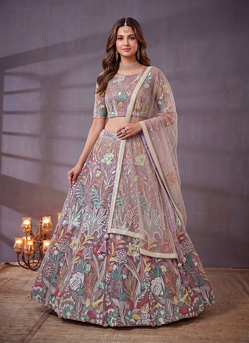 Lavender Multicoloured Embroidered Lehenga Choli