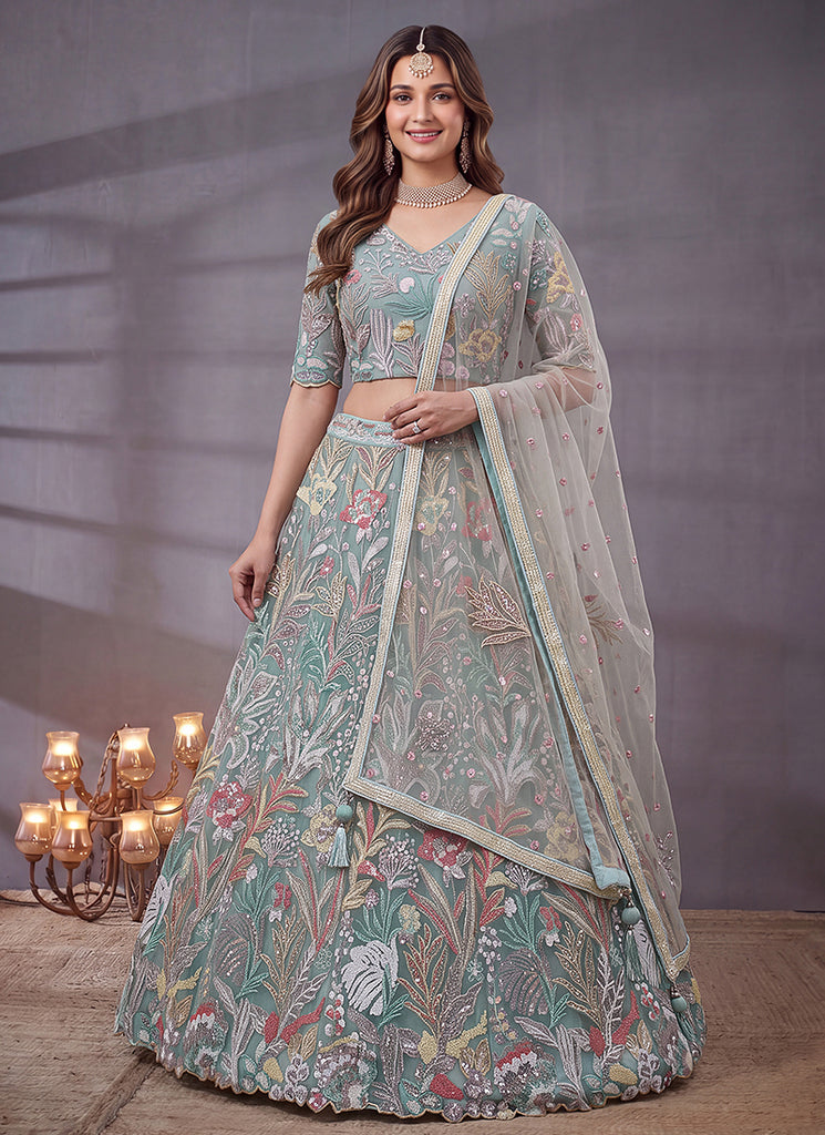 Sky Blue Multicoloured Embroidered Lehenga Choli